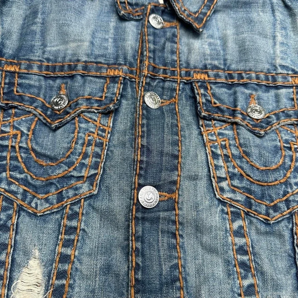 True Religion Jimmy Super T Distressed Denim Trucker Jacket Men's Size Lrg